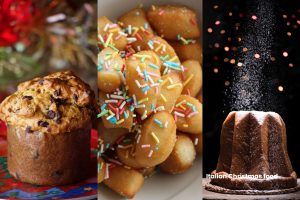 Italian Christmas desserts including panettone, struffoli, and pandoro with festive decorations