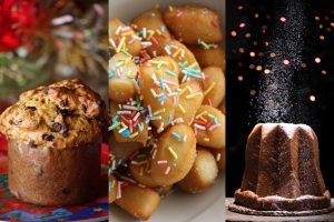 Italian Christmas desserts including panettone, struffoli, and pandoro with festive decorations