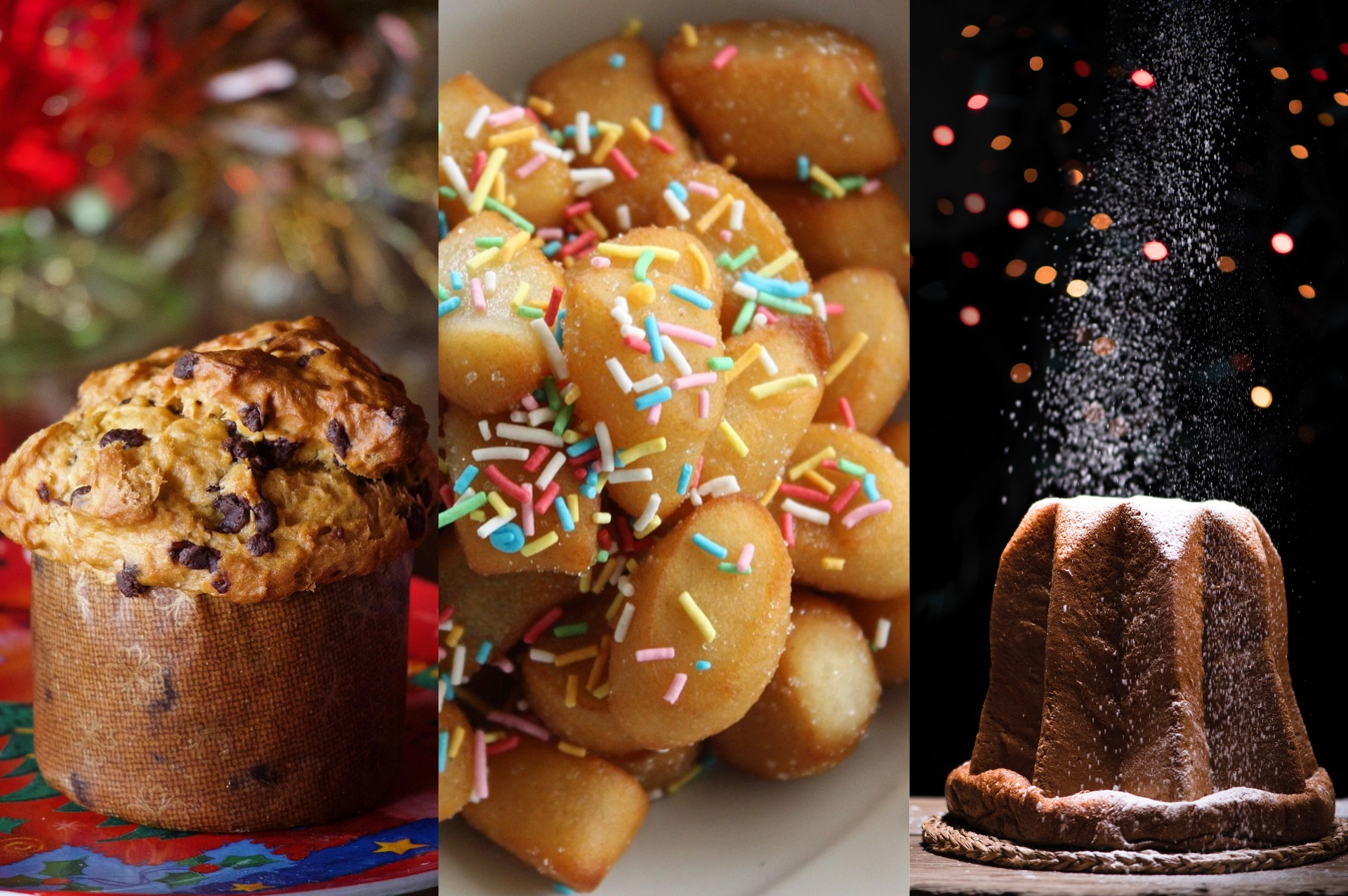 Italian Christmas desserts including panettone, struffoli, and pandoro with festive decorations