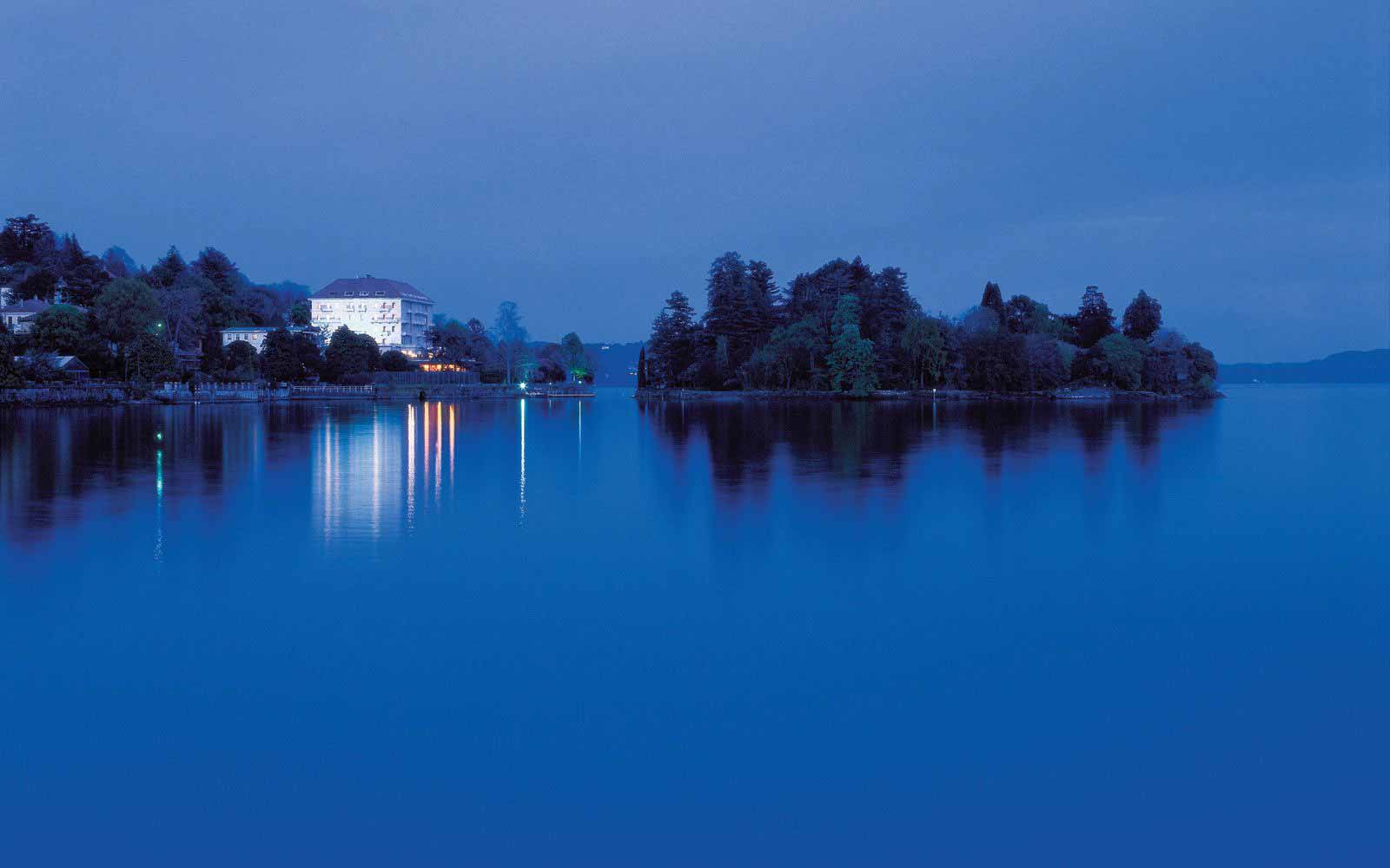 Grand Hotel Majestic seen from Lake Maggiore at night