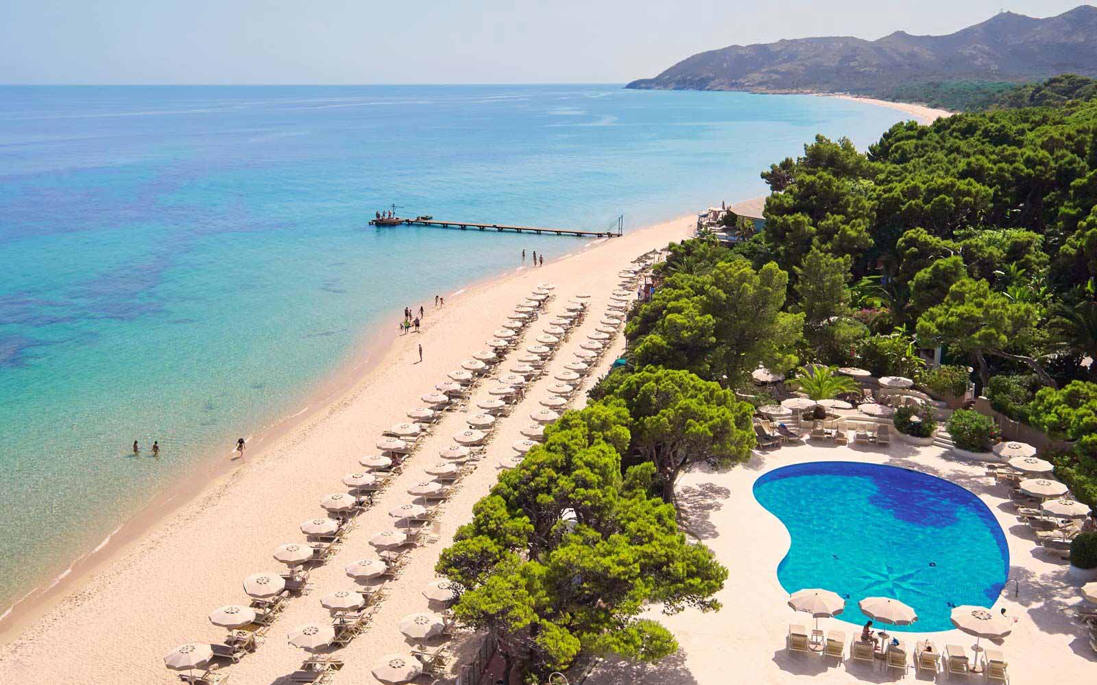 Aerial view beach Castello pool at the Forte Village Resort