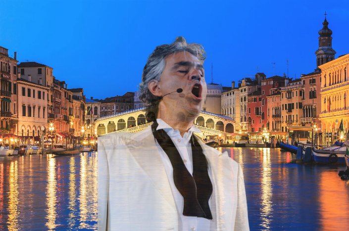 Opera singer performing in Venice at dusk with the illuminated Rialto Bridge and Grand Canal in the background.