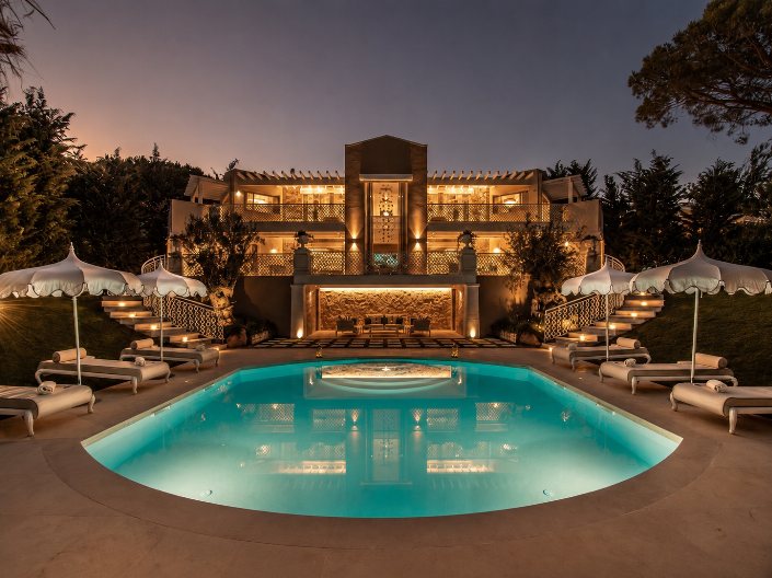 Luxury villa with illuminated swimming pool and outdoor loungers at dusk.